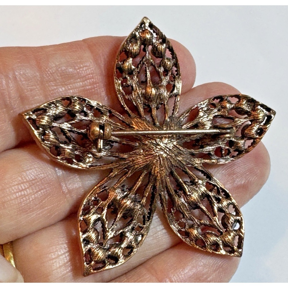 Vintage Style Pink Rhinestone Filigree Flower Brooch Antique Bronze Tone‎ 2in - Picture 5 of 6